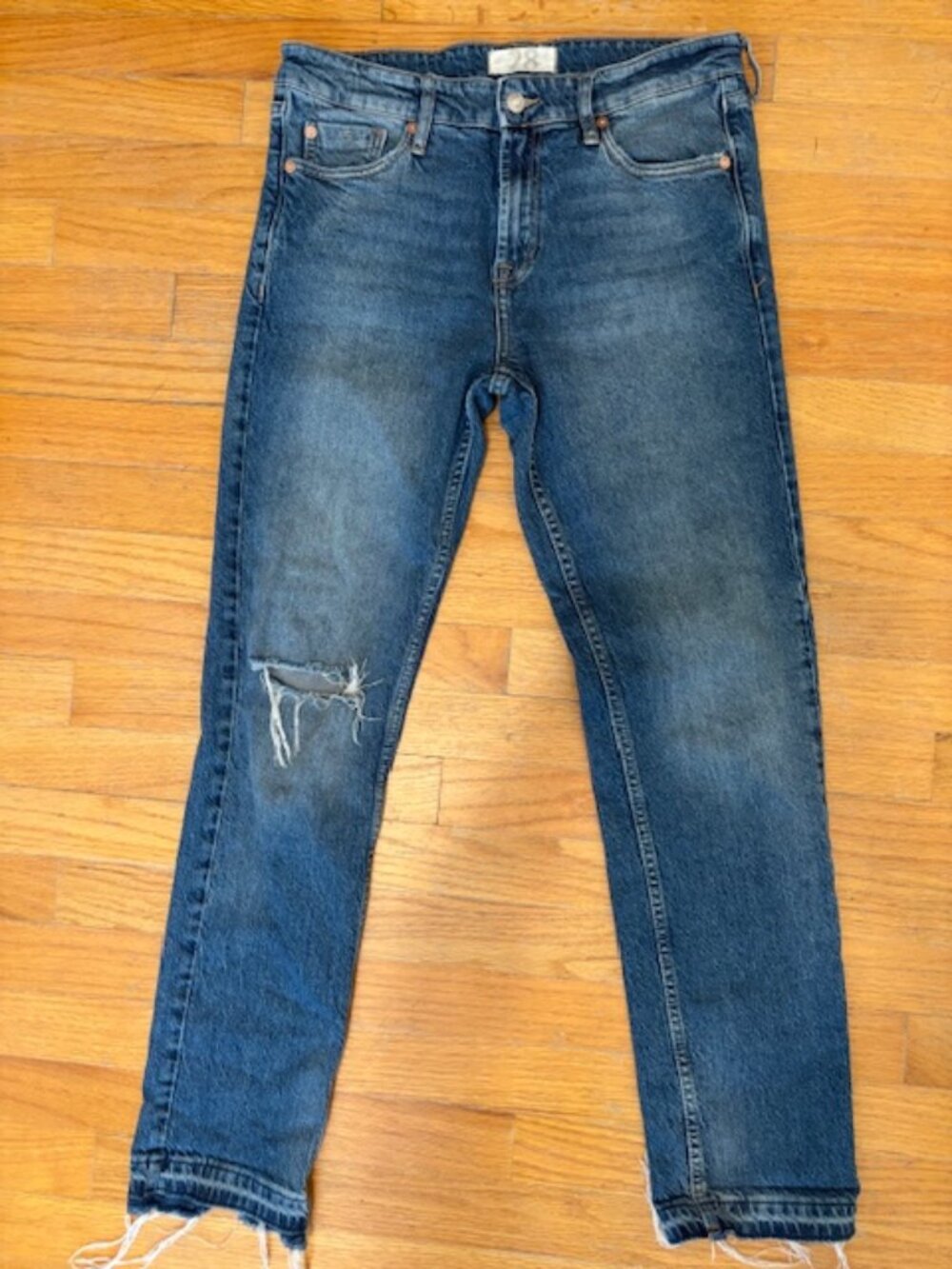 We the Free by Free People Medium Wash Distressed Straight Leg Jeans Size 28